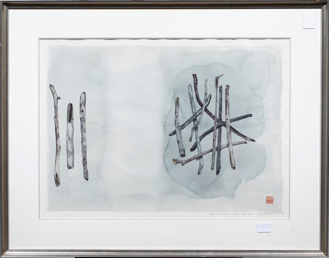 Watercolor, Ciel Bergman (Cheryl Bower) (American, 1938-2017): Ciel Bergman (Cheryl Bower) (American, 1938-2017), "Individuals, Eternal Abyss, Group," 1980, watercolor, signed, dated, and titled lower right, stamped lower right, overall (with frame): 28