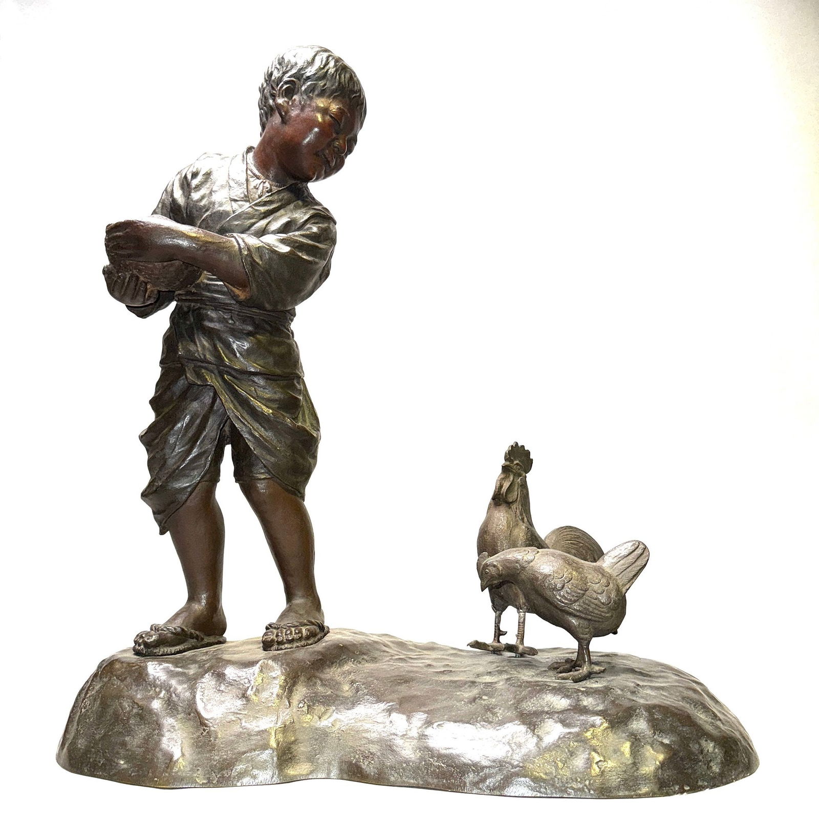 Japanese Bronze Boy with Roosters, Meiji Period (1 of 9)