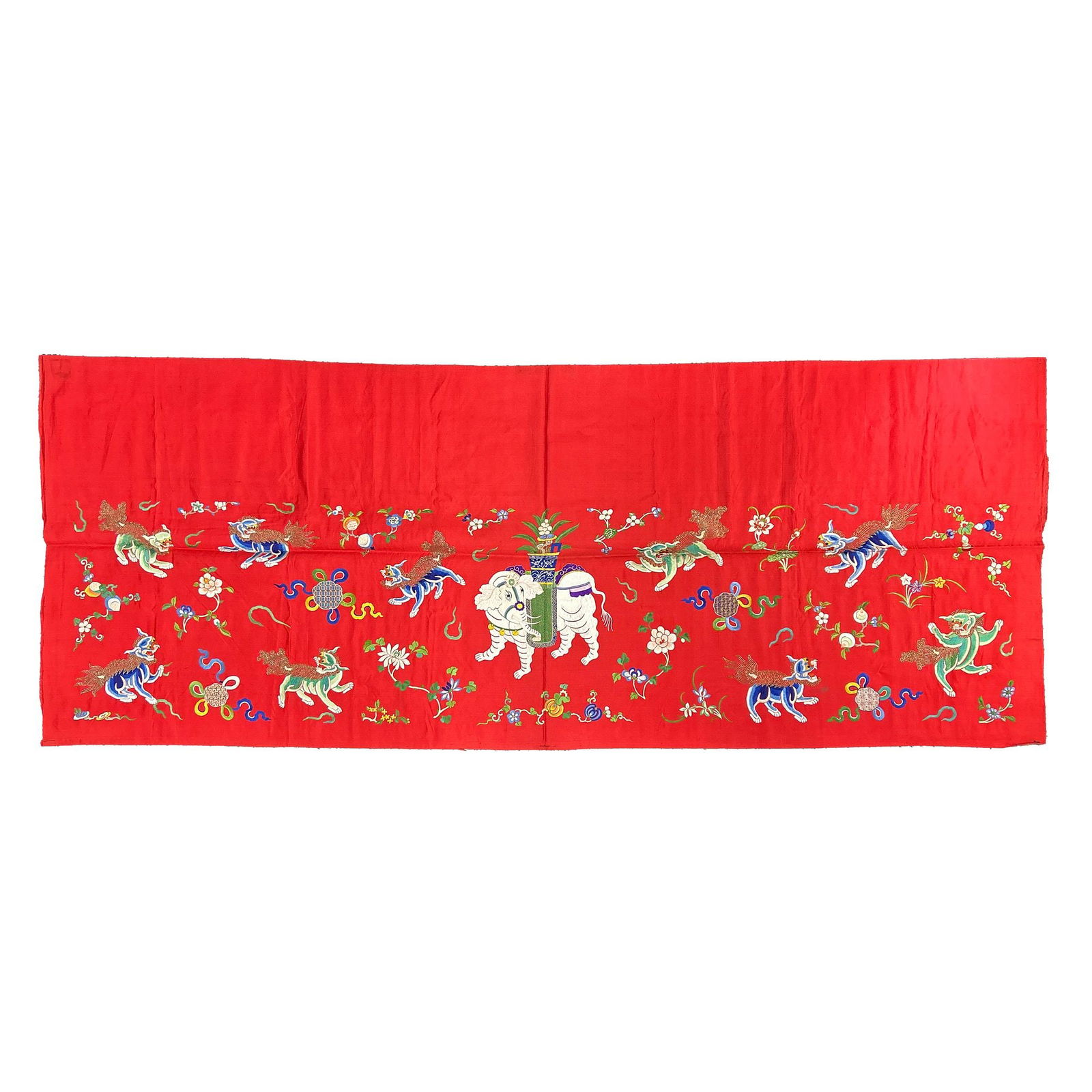 Chinese Red Silk-Ground Embroidery of Auspicious Beasts (1 of 7)
