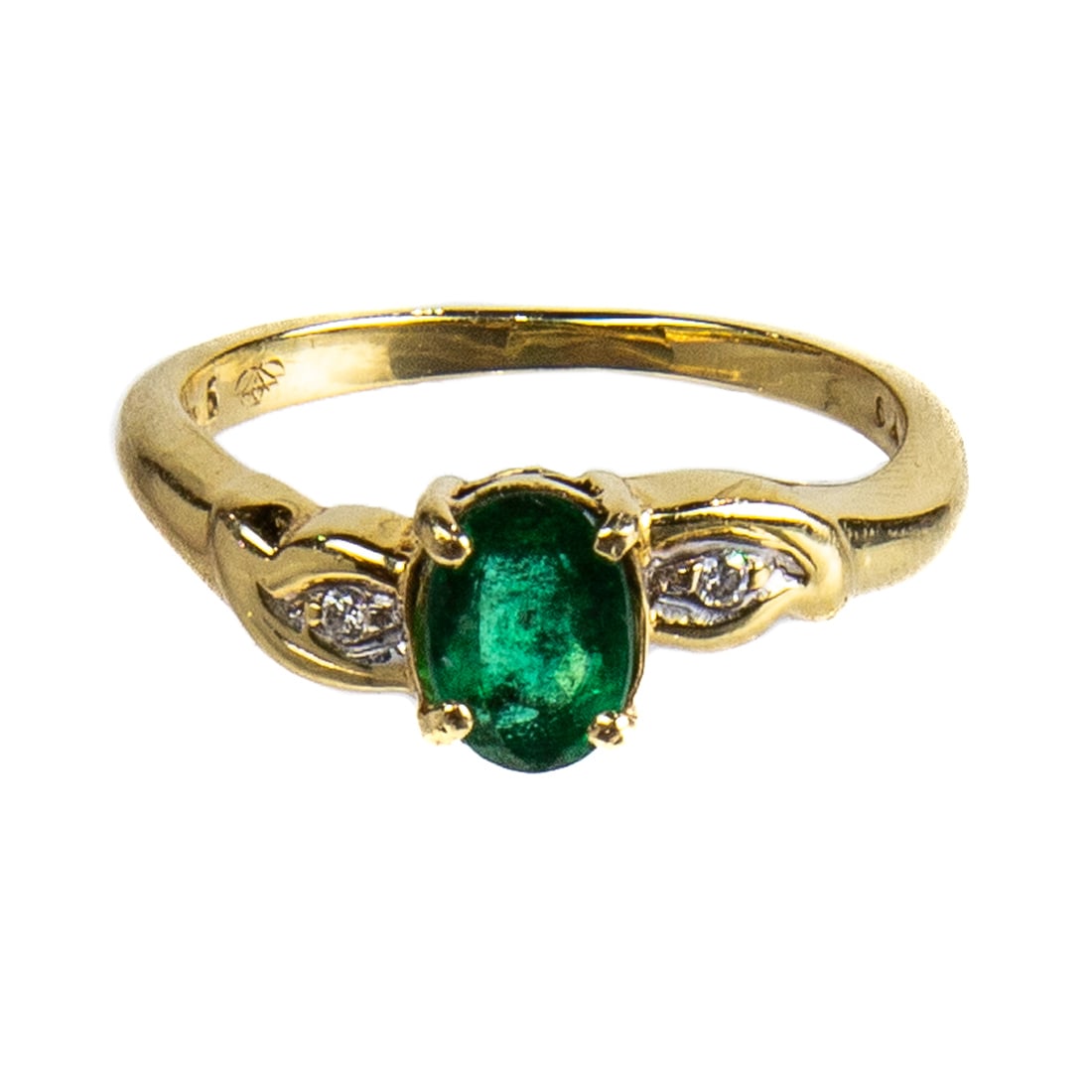 An emerald, diamond and 18k gold ring: An emerald, diamond and 18k gold ring centering a oval-cut emerald, accented by round brilliant-cut diamonds; 2.55 grams; size: 5