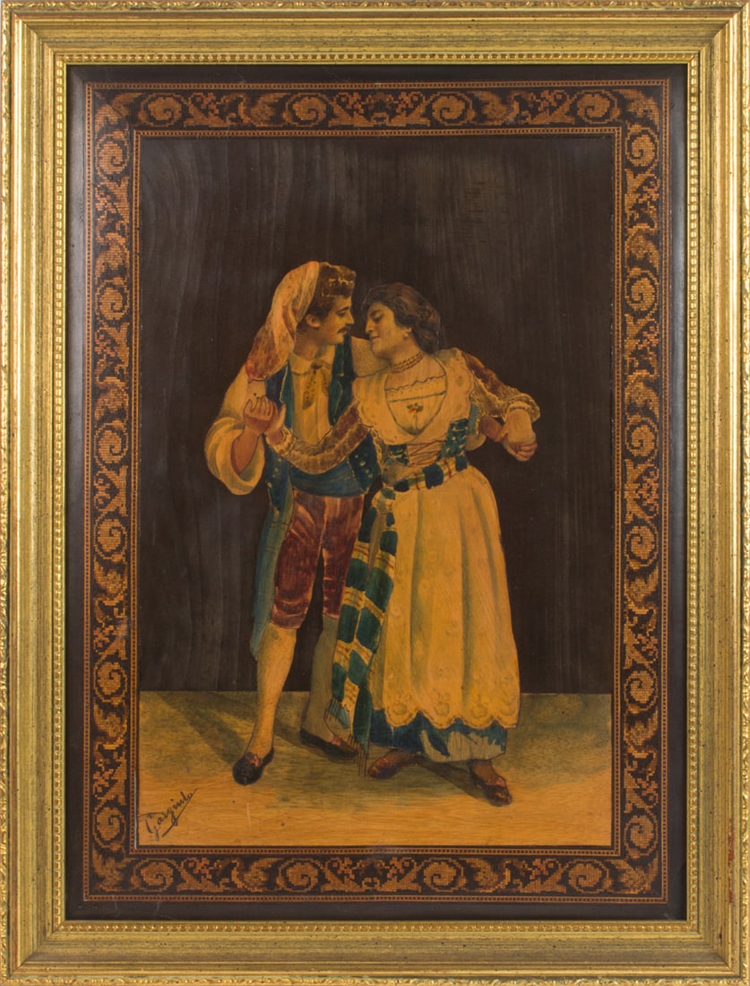 A pair of Italian Almerico Gargiulo fruitwood and marquetry pictures: A pair of Italian Almerico Gargiulo fruitwood and marquetry pictures, second half 19th century, each depicting tarantella dancers, 16.5"h x 12.5"w