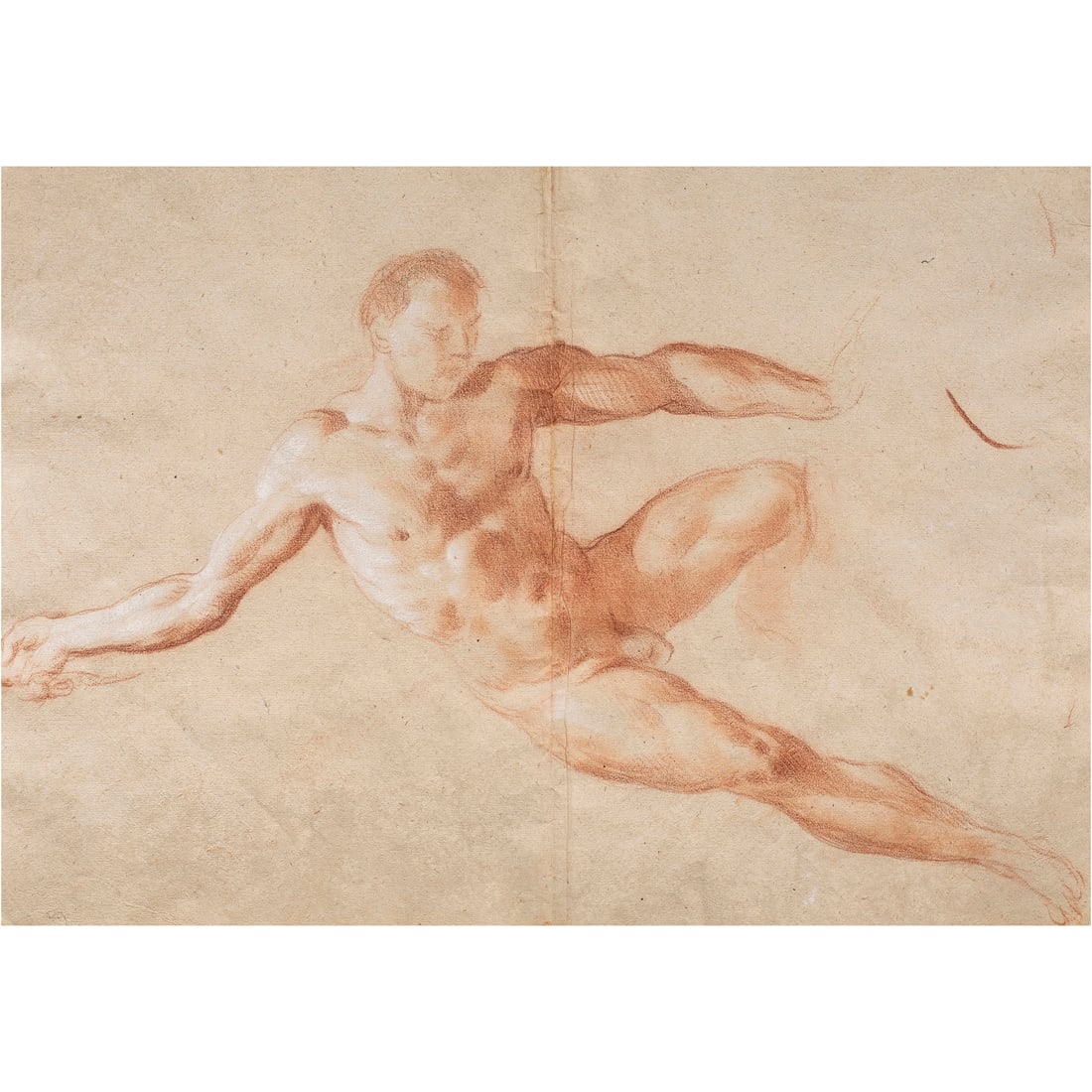 Work on paper, Reclining Male Nude/Male Nude Studies: Anonymous/Academie School (19th century), Untitleds (Reclining Male Nude/Male Nude Studies," sanguine heightened with white on beige paper (double sided), sheet: 17"h x 22"w, overall (unframed with ma