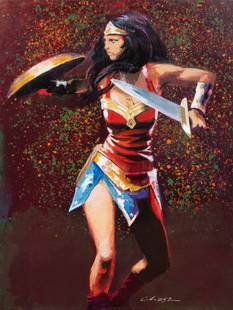 Painting, Jamie Chase: Jamie Chase (American, b. 1954), "Wonder Woman," 2016, acrylic on canvas, signed lower right, signed, titled, and dated verso, canvas (unframed): 40"h x 30"w