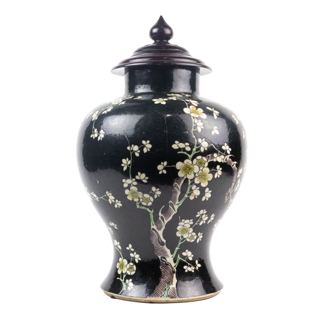 Chinese famille noire covered jar: Chinese famille noire covered jar. Featuring cherry blossom flowers, 16.5"high.