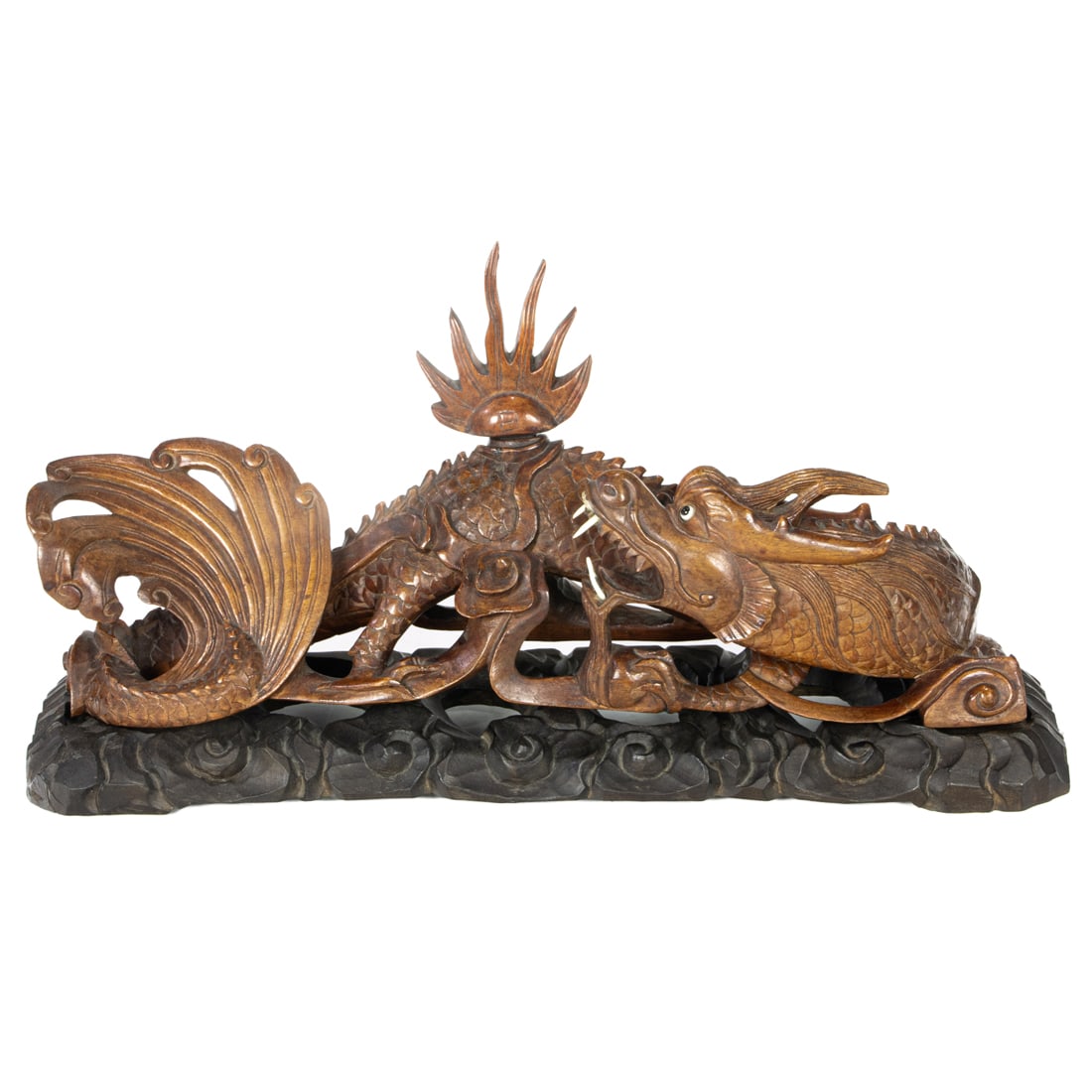 Chinese carved dragon on hardwood stand: Chinese carved dragon on hardwood stand, note flame is removable. Provenance: Property from the private collection of Stephen and Lynette Schwartz of Stephen's Antiques
