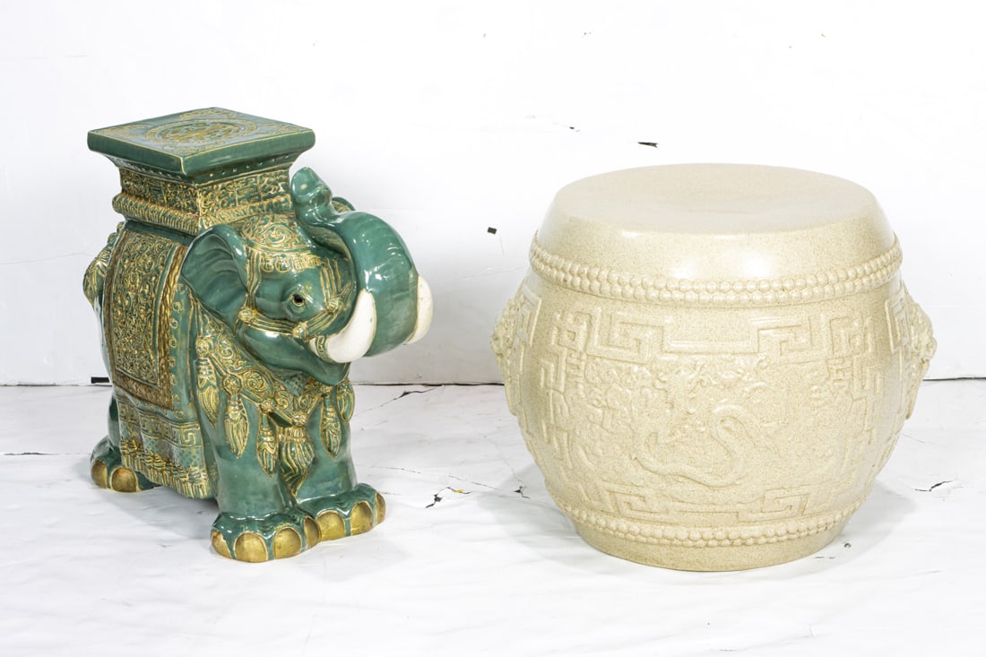 (lot of 2) Chinese garden seats: (lot of 2) Chinese garden seats. Comprising of one elephant form, and one drum form with gumps label, 15.75" to 18.25" high.
