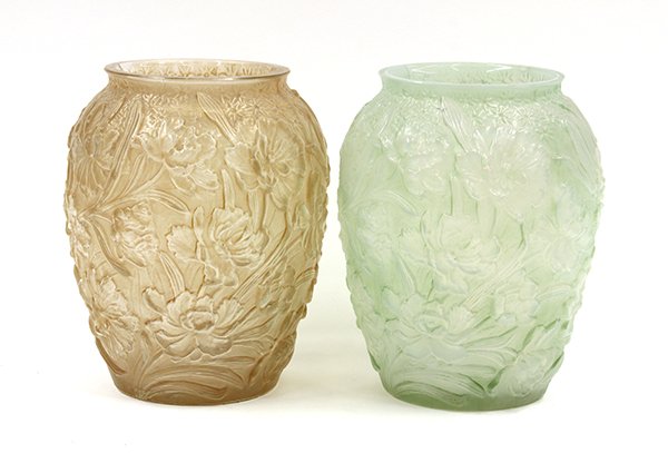 Phoenix Art Glass: (lot of 2) Phoenix art glass Poppy bulbous vases finished in opaque green and amber, 10.5''h. Provenance: Property from the forty-year private collection of Alan Goldfield, a recognized expert in the 