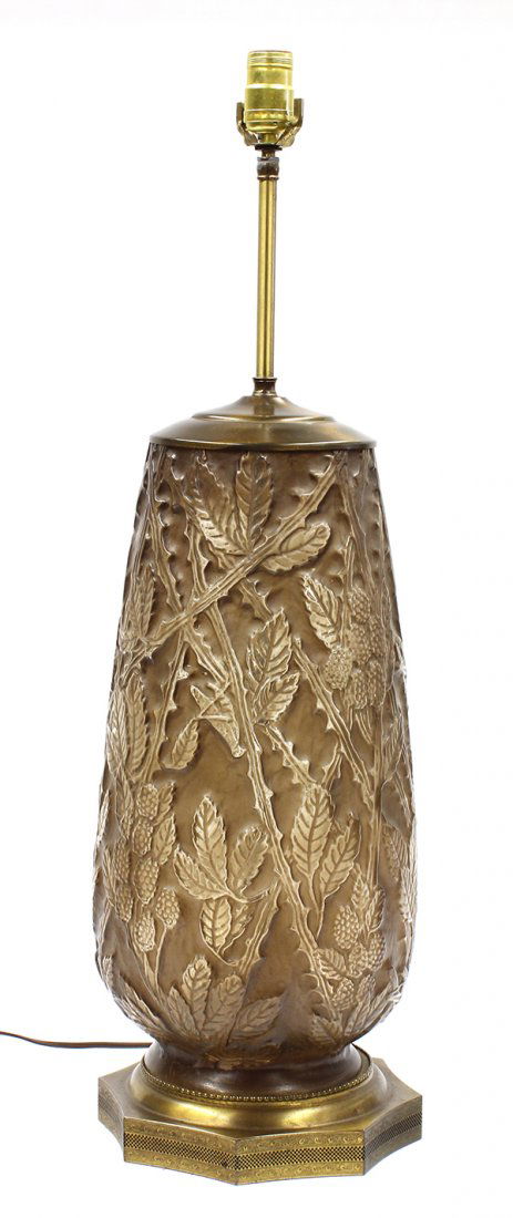 Phoenix Art Glass: Phoenix art glass Blackberry pattern vase mounted as a table lamp finished in matte choclolate, 21.5''h. Provenance: Property from the forty-year private collection of Alan Goldfield, a recognized exp