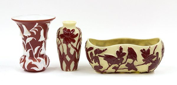 Phoenix Art Glass: (lot of 3) Phoenix art glass including a Freesia vase having lustre pattern accents in a rust field, Nuthatch planter and Poppy vase having rust decorated pattern accents on a cream grounds, tallest: 