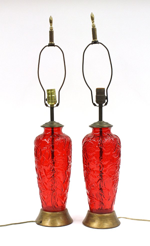 Phoenix Art Glass: (lot of 2) Phoenix art glass tapered form Chrysanthemum vases mounted as lamps of translucent red glass, each overall: 26''h. Provenance: Property from the forty-year private collection of Alan Goldfi
