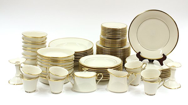 Lenox diner service: (Lot of 84) Lenox dinner service for eight executed in the 'Eternal' pattern, each having a gilt rim on a cream ground, including; (8) dinner plates 10.75'', (16) salad plates 8.125'', (8) bread and b