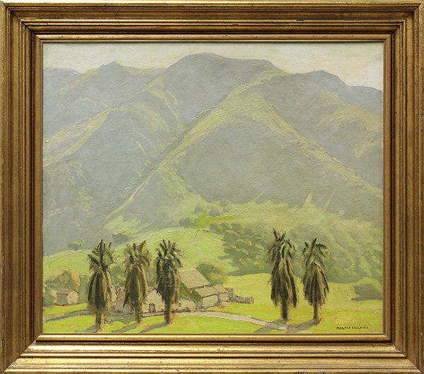 Painting, Ralph Holmes, Santa Barbara: Framed oil on canvas, ''Palm Trees, Santa Barbara,'' by Ralph Holmes (Californian, 1876-1963), signed lower right, bears Ulrike Kantor Gallery, Los Angeles label verso, canvas: 24''h x 28''w, overall: