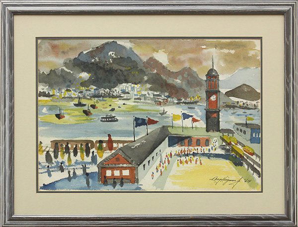 Watercolor, Dong Moy Chu Kingman, San Francisco: Framed watercolor on paper, Embarcadero, San Francisco, 1964, by Dong Moy Chu Kingman (Californian, 1911-2000), sight: 15''h x 22''w overall: 22.5''h x 29.5''w