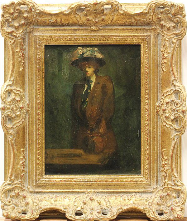 Painting, Woman in a Brown Coat: Framed oil on panel, Portrait of a Woman in a Brown Coat, circa 1900, possibly Guy Pene Du Bois (American, 1884-1958), unsigned, panel: 12''h x 9''w, overall: 19.25''h x 16.75''w