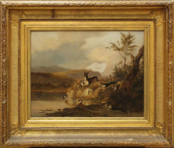 Painting, British School, 19th c.: Framed oil on canvas, The Hunt, British School (19th century), unsigned, canvas: 18.25''h x 23.75''w, overall: 30.5''h x 36''w. Note: Accompanied by original period frame