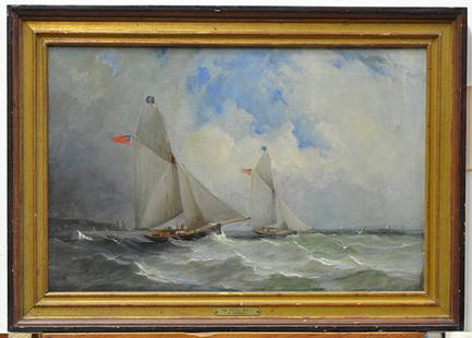 Painting, Charles Gregory, In Full Sail: Framed oil on canvas, ''In Full Sail,'' by Charles Gregory (British, 1810-1896), signed lower right, titled upon placard, canvas: 16.125''h x 24''w, overall: 20.25''h x 28.5''w