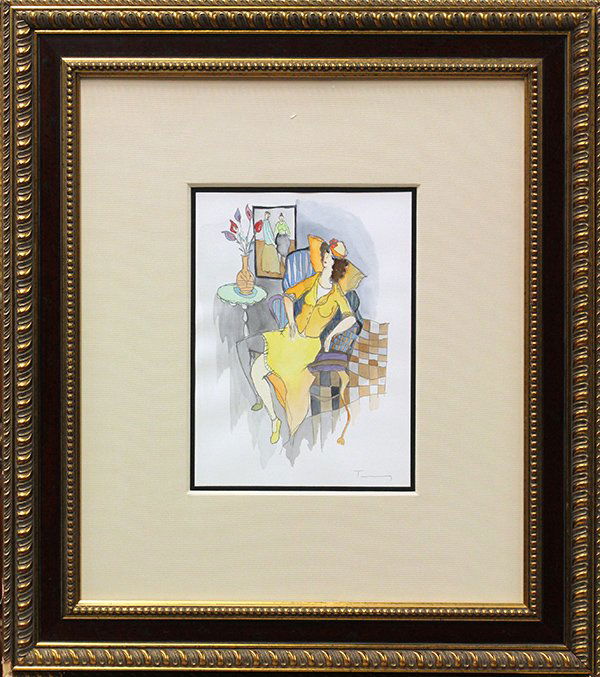 Watercolor, Itzchak Tarkay: Framed watercolor and ink on paper, Café, by Itzchak Tarkay (Israeli, b. 1935), signed lower right in pencil, sight: 15''h x 11''w, overall: 35.5''h x 31.25''w