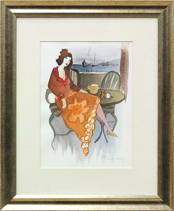 Watercolor, Itzchak Tarkay: Framed watercolor and ink on paper, Woman in Amber, by Itzchak Tarkay (Israeli, b. 1935), signed lower right in pencil, sight: 13.5''h x 9.75''w, overall: 22.5''h x 18.5''w