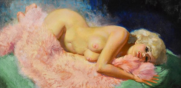 Painting, Earl Moran, Jayne Mansfield: Framed oil on board, Jayne Mansfield, by Earl Moran (American, 1893-1984), signed ''Earl Moran'' lower right, board: 18''h x 36''w, overall: 28.5h x 46.25''w.