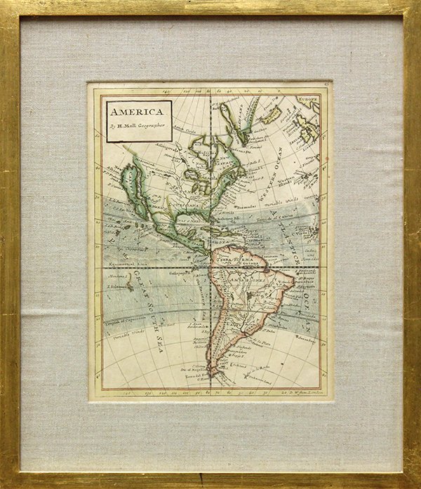 Engraved map, Herman Moll, America: Framed hand-colored copper engraved map, ''America,'' c. 1732, by Herman Moll (German, 1654-1732), a depiction of North and South America with California depicted as an island, sight: 10.5''h x 8.25''