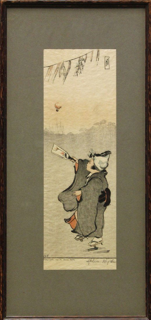 Woodblock, Helen Hyde, Child Playing with Ball: Framed woodblock print, Child Playing with Paddle and Ball, 1901, by Helen Hyde (Californian, 1868-1919), signed ''Helen Hyde'' in pencil lower right, sight: 11.5''h x 3.75''w, overall: 16.75''h x 8''