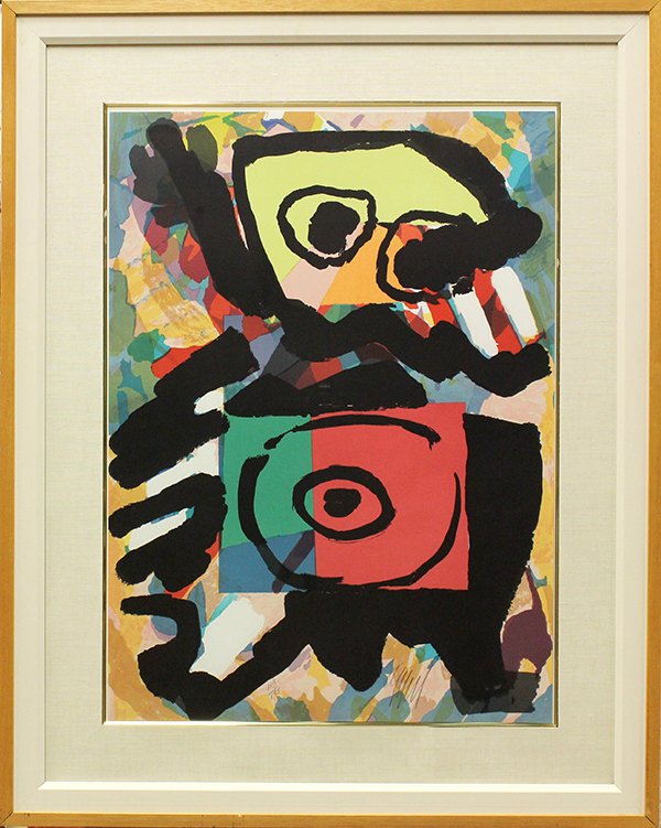 Lithograph, Karel Appel: Framed lithograph in colors, Untitled (Figure), 1973, Karel Appel (Dutch, 1921-2006), from an edition of 175, signed lower right and numbered lower left in pencil, paper: 29''h x 21.25''w, overall: 39