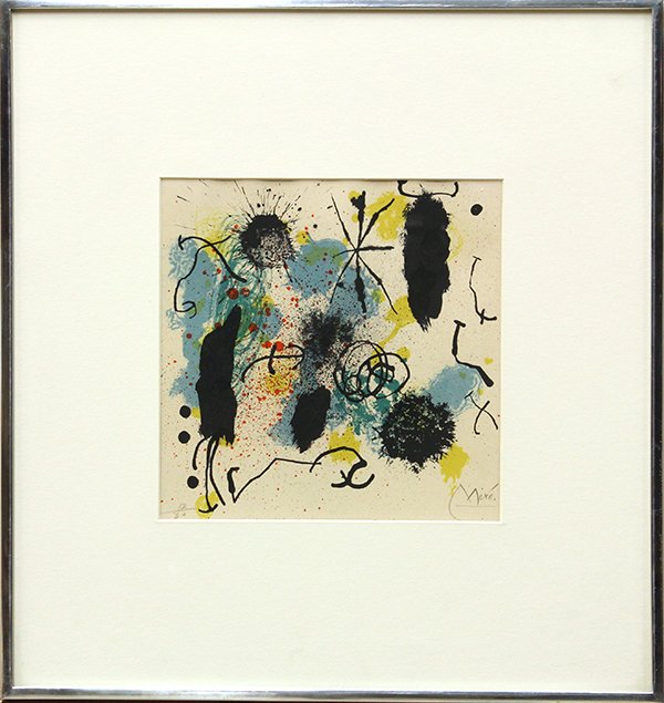 Aquatint, Joan Miro, Je Travaille: Framed color aquatint on wove paper, ''Je Travaille Comme un Jardinier,'' (M. 415; C. 90), 1964, by Joan Miro (Spanish, 1893-1983), pencil signed lower right, pencil numbered edition of 50 lower left,