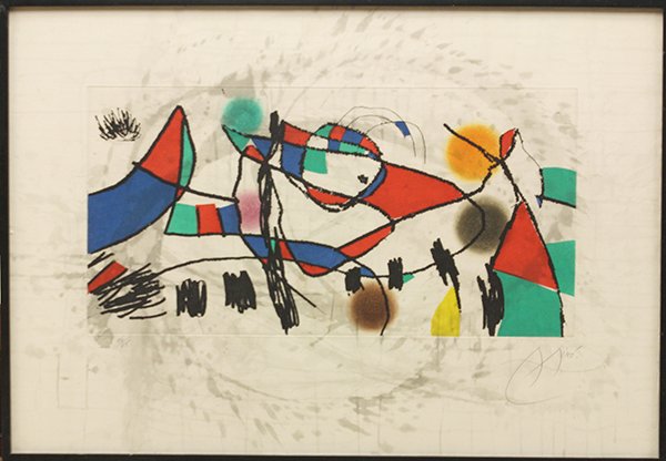 Etching, Joan Miro, Gravures, 1973: Framed etching on aquatint on Arches paper, Untitled, Plate 1, from ''Gravures pour un Exposition,'' (Dupin, 606) 1973, by Joan Miro (Spanish, 1893-1983), pencil signed lower right, pencil numbered ed
