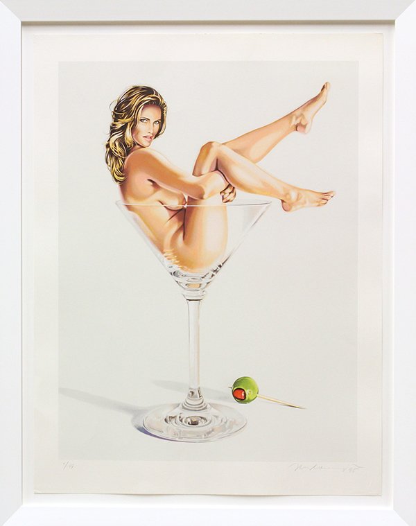 Silkscreen, Mel Ramos, Martini Miss: Framed silkscreen, ''Martini Miss,'' 1995, by Mel Ramos (American, b. 1935), pencil signed and dated lower right, pencil numbered edition of 199 lower left, image: 25.5''h x 19''w, overall: 34''h x 27