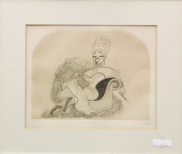 Etching, Al Hirschfeld: Framed etching, ''Mae West,'' 1974, by Al Hirschfeld (1903-2003), pencil signed ''Hirschfeld'' lower right, pencil numbered edition of 150 lower left, sight: 16.5''h x 21''w, overall: 26''h x 30''w