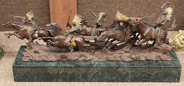 Bronze, Carl Kauba, Indian Attack: Bronze sculpture, Indian Attack (War Party), by Carl Kauba (Austrian/American, 1865-1922), signed ''Kauba'' lower right, mounted on green marble base, overall: 11.75''h x 28.5''w x 7''d