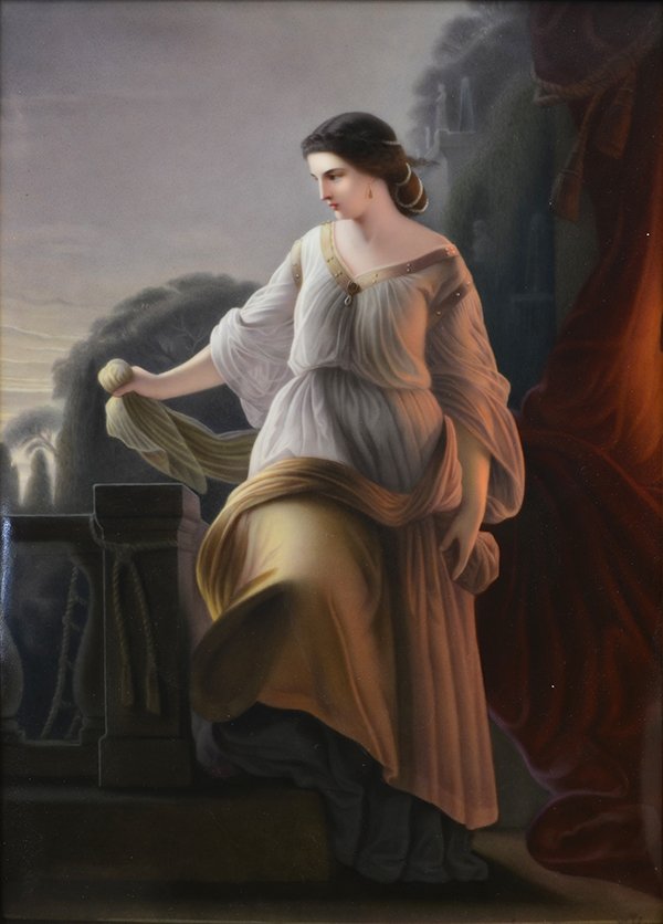 Framed KPM porcelain plaque: Framed Berlin KPM porcelain plaque, depicting a beauty, gazing outward from her curtain accented balcony and dressed in Classical attire, signed lower right, Horn and framed in a giltwood carved mould