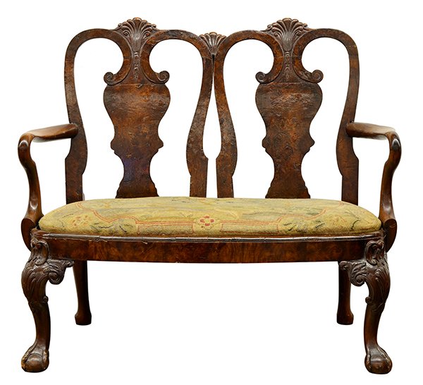 Queen Anne style childs settee: Queen Anne style child's settee, 19th century, the double chair-back form with shepherd's crook cresting centered by the shield form splat, the drop in seat with petit point fabric, and rising on shel