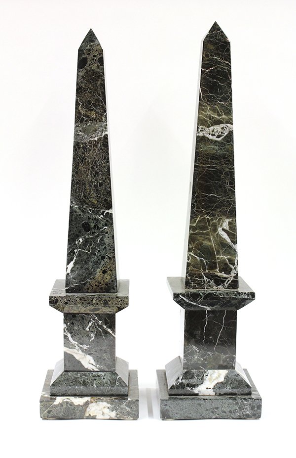 Pair, marble obelisks: Pair of marble Obelisks, each executed in variegated stone and rising on a square plinth, 30''h x 7.5''w