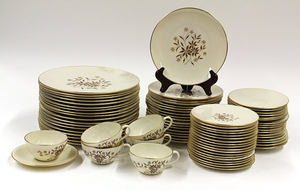 Lenox Starlight table service: (lot of 78) Lenox ''Starlight'' pattern partial dinner service for 18, each having a floral decorated medallion on a cream ground, including: (18) dinner plates 10.5'', (18) salad plates 8'', (18) bre