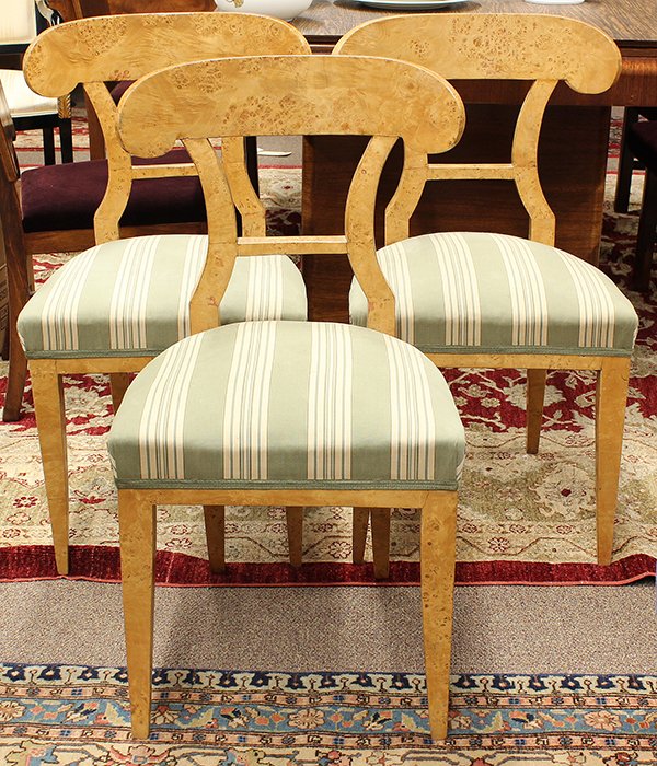 Biedermeier side chairs: (lot of 3) Biedermeier side chairs, 19th century, the inswept crestrail above the tapering stiles conjoined by the horizontal stretcher and rising on square and tapered legs, 34.5''h