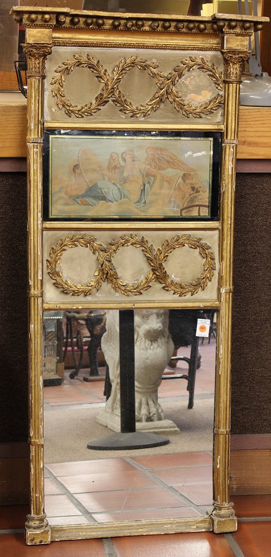 Neoclassical style trumeau: Neoclassical style parcel gilt trumeau, 19th century, the shaped crestrail with spherical drops flanked with reeded pilasters centering the allegorical scenic reserve and rising on a molded base, 52''