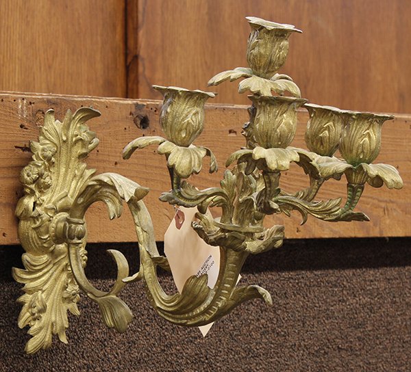 Gilt bronze wall sconces: (lot of 2) Gilt bronze wall sconces executed in the Rococo taste, each having five lights with acanthus decorated arms and rising on an S form support, 14''h x 15''d