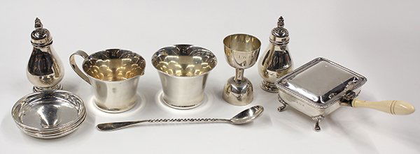 American sterling silver flatware: (lot of 12) American sterling silver associated table accessories including Porter Blanchard creamer and sugar, five Shreve & Company coasters, English silent butler, International ''Royal Danish'' sa