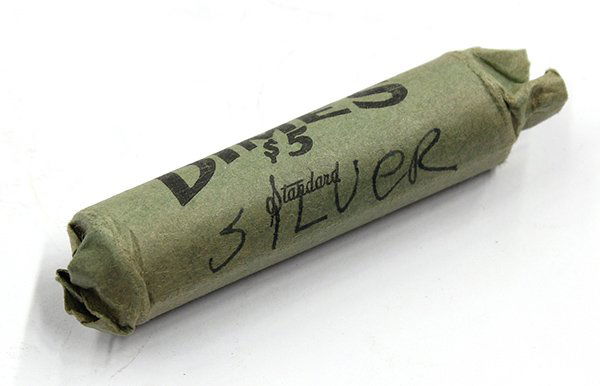One paper roll of silver dimes: Roll of fifty pieces of Roosevelt dimes, all circulated