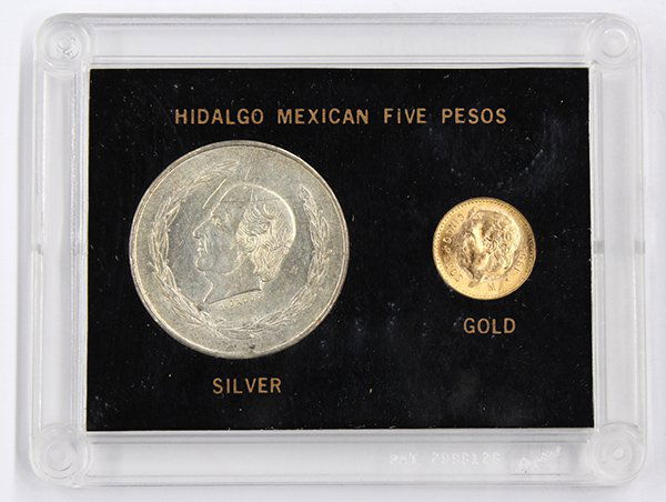 Cased Mexican Coins: (Lot of 2) Cased Mexican coins, 5 silver pesos 1953, and 5 gold pesos, 1955