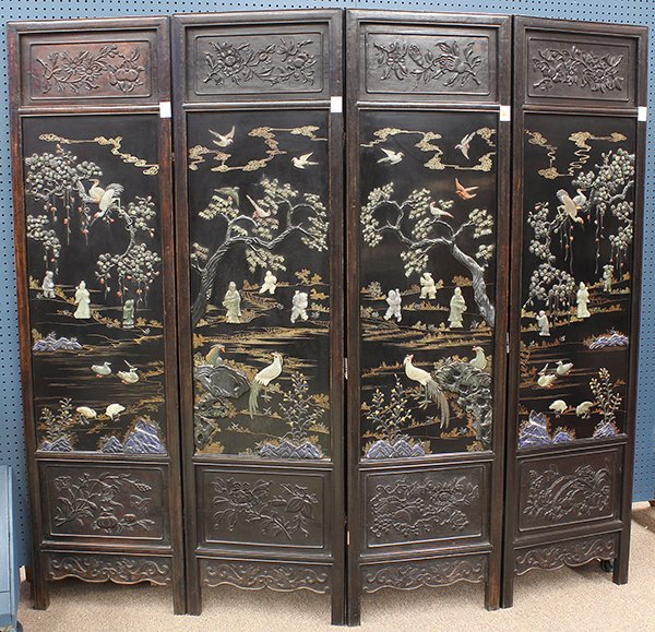 Chinese Four Panel Overlaid Screen: Chinese four panel wooden floor screen, Republic period, two pairs of panels with mirror images of jade scholars and attendants on a bank below gnarled branches perched by cranes and song birds, the b
