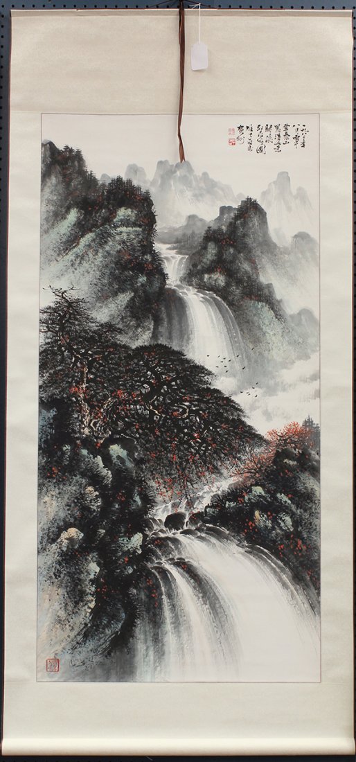 Chinese Scroll, Li Xiongcai (after), Landscape: Chinese hanging scroll, Landscape of Mount Tai, ink and color on paper, after Li Xiongcai (Chinese, 1910-2001), the upper right inscribed with the date 1982, bearing signature and three seals, paintin
