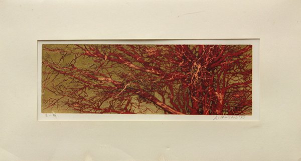 Hoshi Joichi Japanese Print: Unframed Japanese woodblock print, 'Red Branches', by Hoshi Joichi (Japanese, 1911-1979), featuring a red tree on a gilt ground, the lower margin with signature and title, dated 1973, 5''h x 15''w