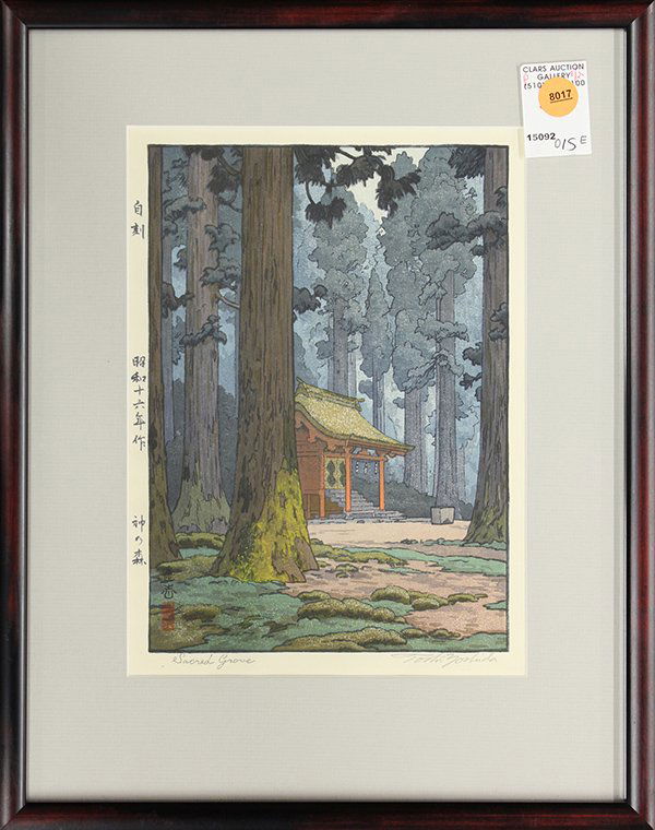 Woodblock, Toshi Yoshida, Sacred Grove: Framed woodblock print, 'Sacred Grove', by Toshi Yoshida (Japanese, 1911-1995), the lower margin with artist signature and title, the lower left with artist seal, the left margin with jikoku seal (sel