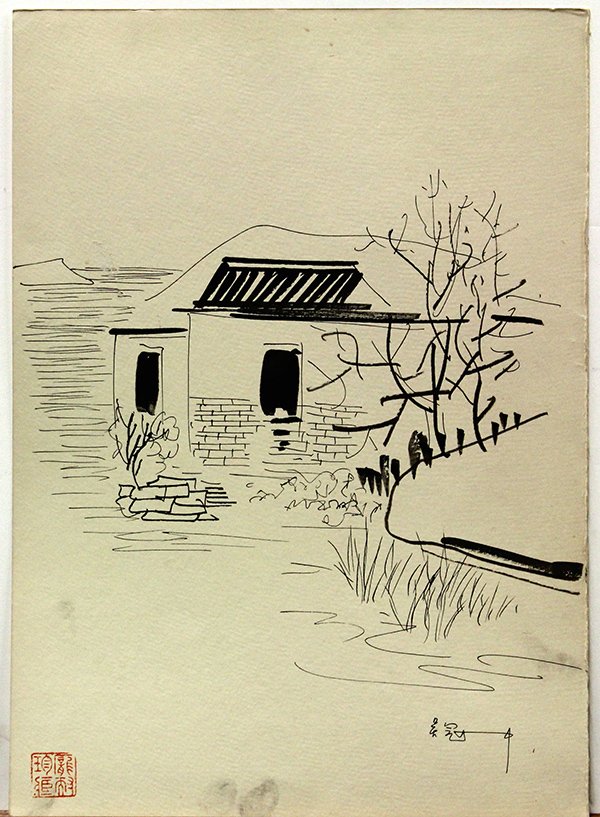 Sketches, Wu Guanzhong (after): (Lot of 5) Unframed sketches, after Wu Guanzhong (Chinese, 1919-2010), consisting of three featuring villa complexes, one of a mountain landscape, and one of a seascape, each bearing signature and col