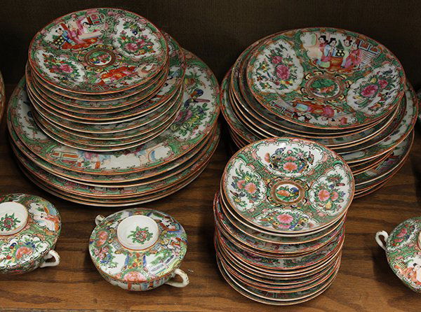 Chinese Rose Medallion Dinner Set: (lot of 99) Group of Chinese Canton rose enameled associated dinner set, including large oval-sectioned platter, serving bowls, dinner plates, lidded soup bowls, rice bowls, coffee pot, coffee cups an