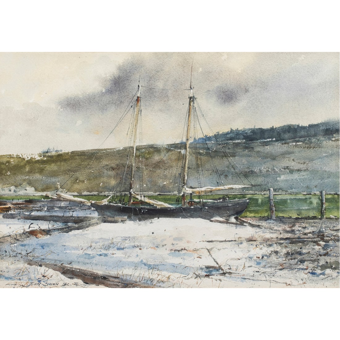 Watercolor, John Swan: John Swan (American, b. 1948), Marina Landscape, 1976, watercolor, signed and dated lower left, sight: 13.5"h x 19.5"w, overall (with frame): 21"h x 26.5"w