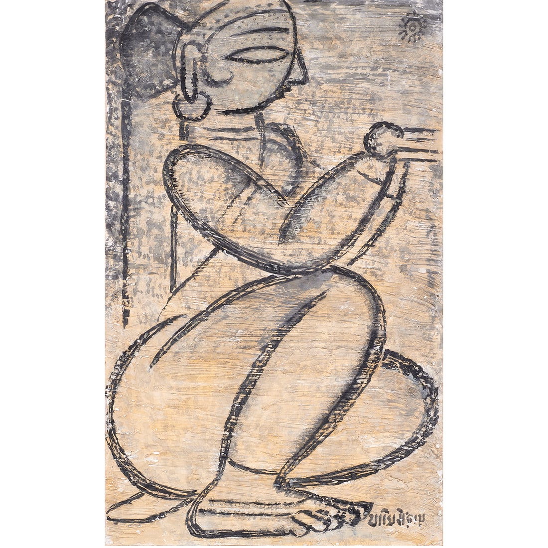 Work on paper, Jamini Roy: Jamini Roy (Indian, 1887-1972), Untitled (Seated Figure), 1967, gouache on paper, signed lower right, sheet: 21"h x 12.5"w, overall (with frame): 31"h x 23"w