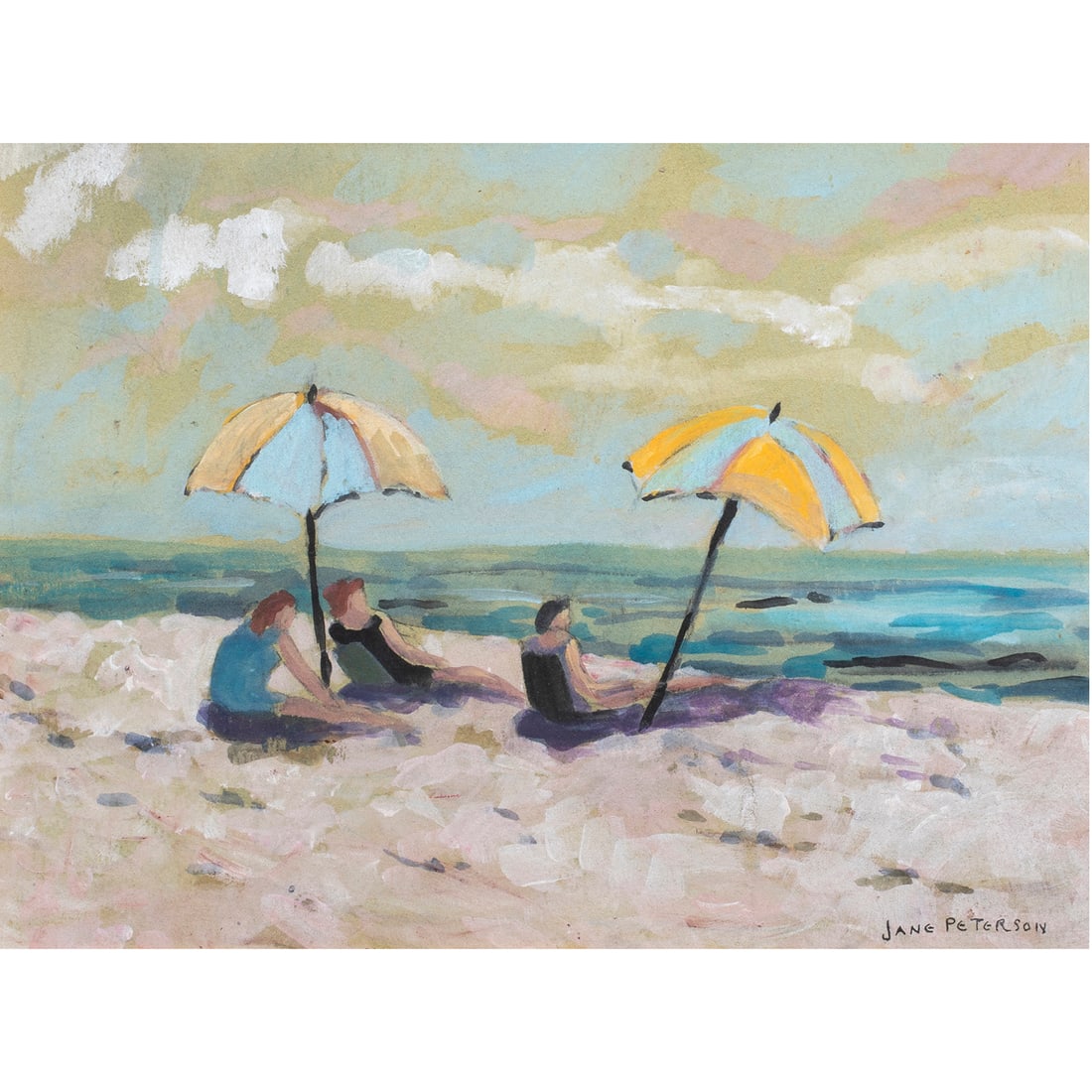 Watercolor, Jane Peterson: Jane Peterson (American, 1876-1965), Untitled (At the Beach), watercolor and gouache on paperboard, signed lower right, paperboard: 12" h x 16", overall (with frame): 17.5"h x 21.5"w